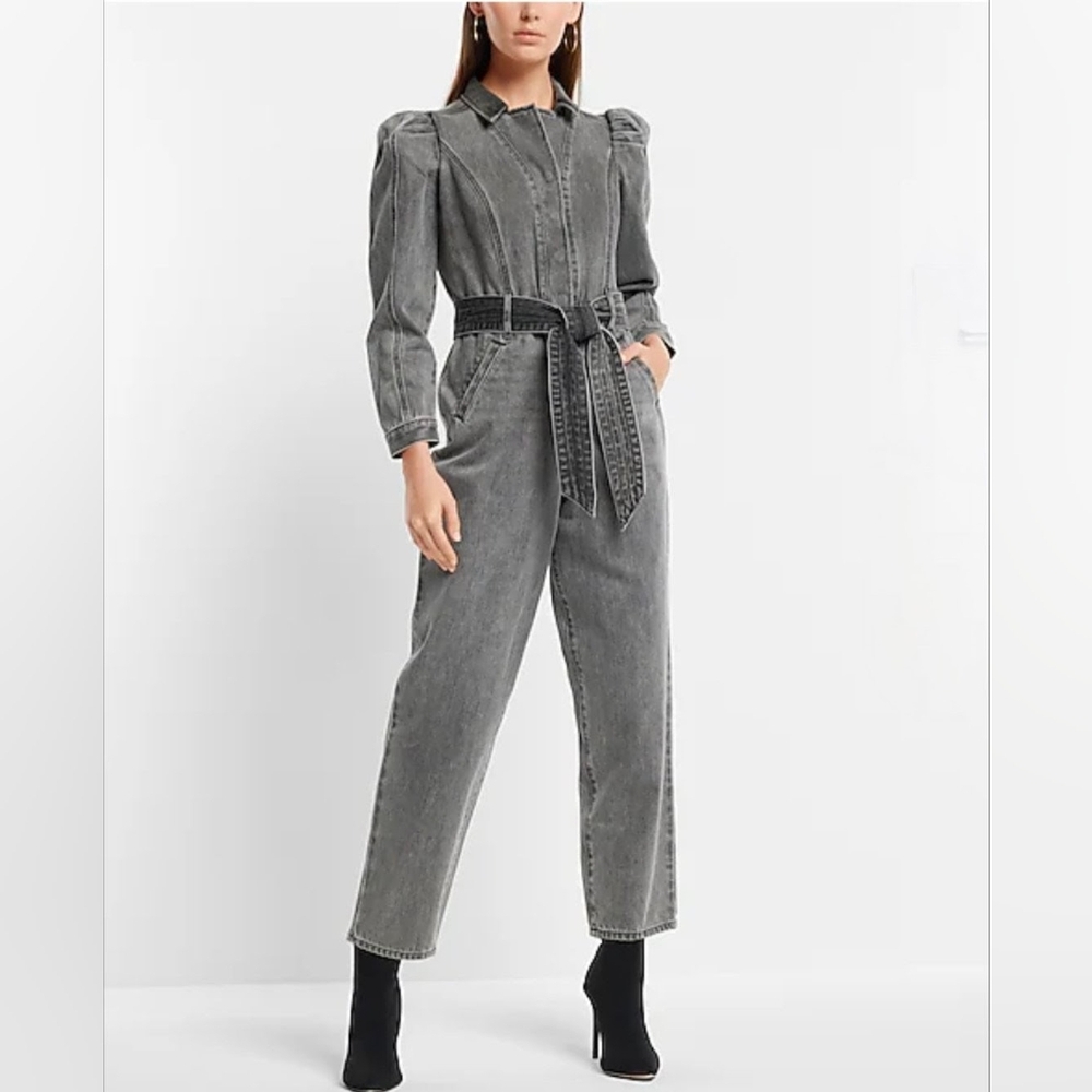 Express Puff Sleeve Tie Waist Gray Wash Denim Jumpsuit